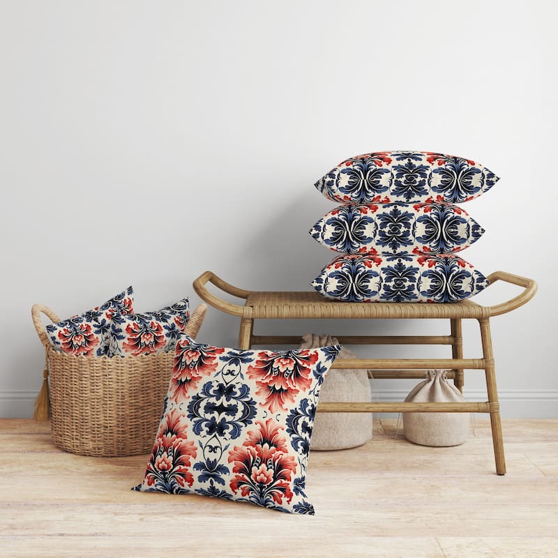 Grey And Red Damask Rapture Indoor/Outdoor Throw Pillow Zipper