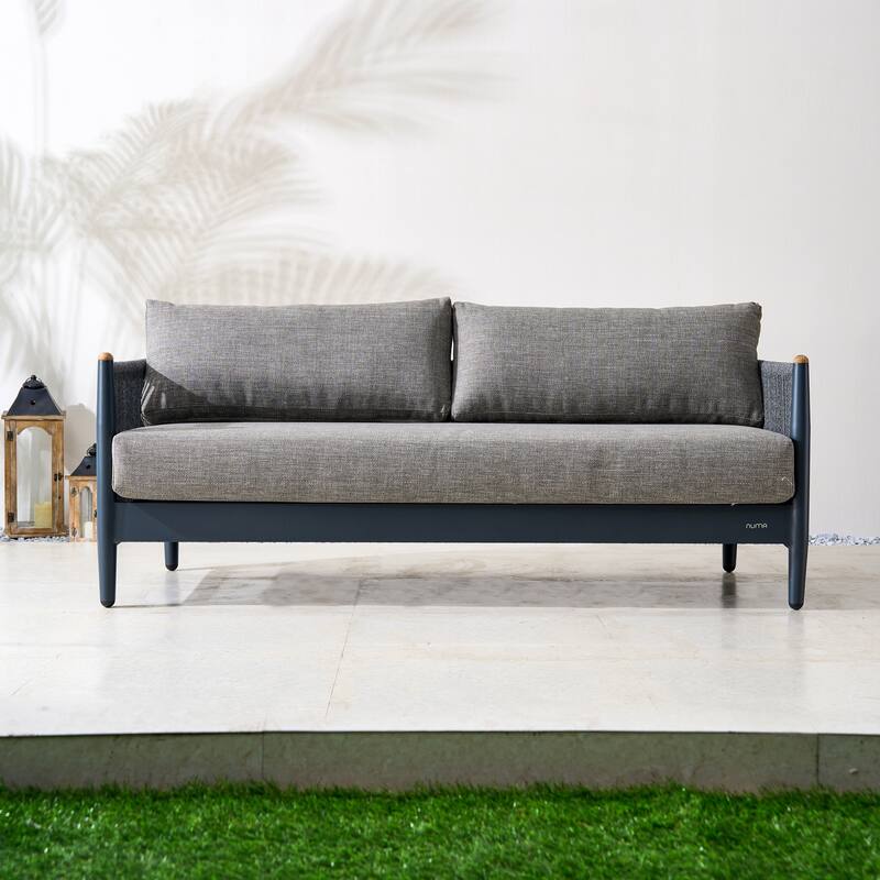 Luxury Outdoor Aluminum 2-Seater Sofa with Teak Accents and Rope Weave - Grey