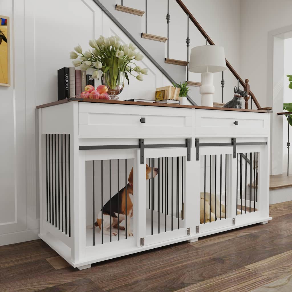 Image showcasing Dog Crate Furniture with Drawer & Sliding Door, Decorative Pet Kennel ...