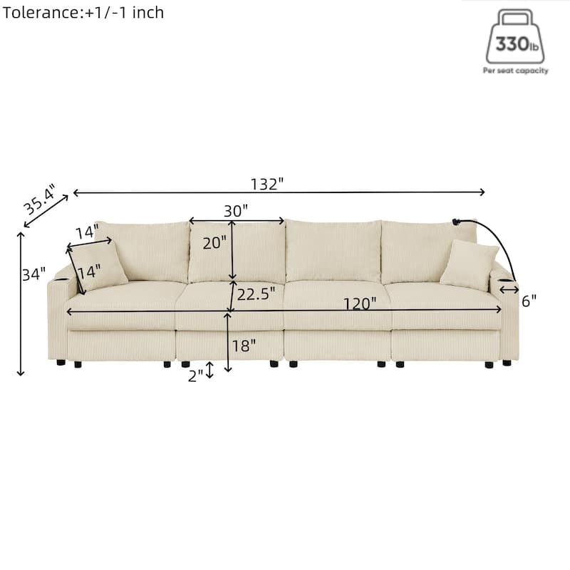 132" Corduroy 5-Seater Sofa, Cup Holders, Phone Holder and Dense Cushions