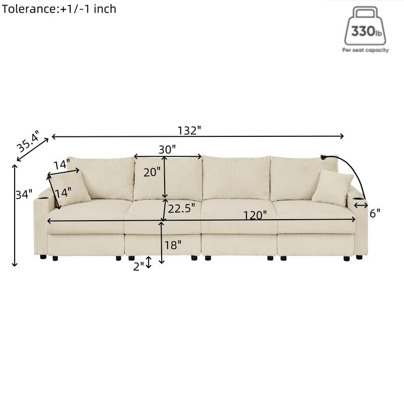 Modern Deep Seat Sofa Corduroy Upholstered 4 Seater Storage Couch with Removable Cushions, Cup Holders and Phone Stands