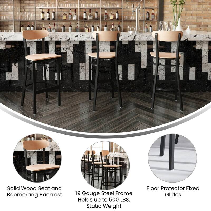Commercial Metal Barstool with Wood Seat and Boomerang Back