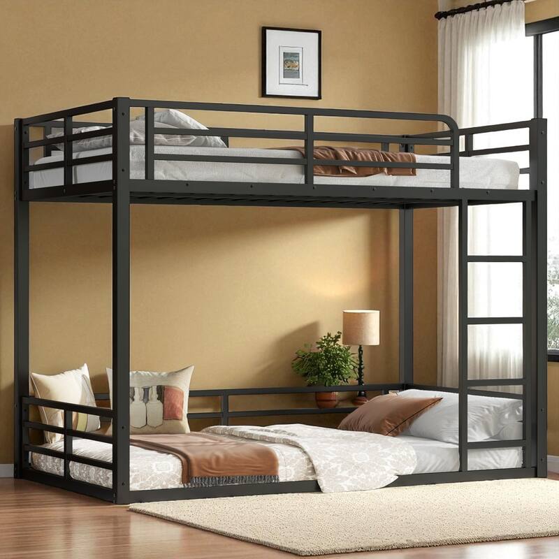 Metal Bunk Bed Twin XL/Full XL Over Full XL, Floor Bunk Frame with Guardrails, Heavy-Duty Noise-Free Design