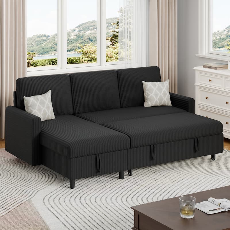 Futzca 3-in-1 Convertible Corduroy Sofa Bed with Storage, L-Shaped Sectional Couch
