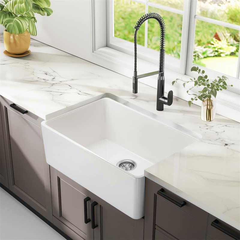24 Inch Fireclay Farmhouse Sink Single Basin with Bottom Grid and Strainer - Antique White