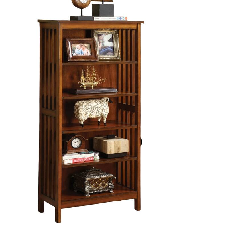 Antique Oak Finish 1pc Media Shelf, Solid Wood Storage Cabinet, 5-Shelves Open Cabinet Shelf