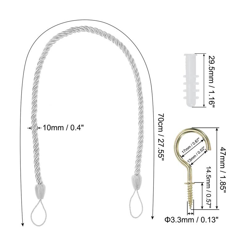 2pcs Curtain Tiebacks Ropes, Decorative Tie Backs with Hooks & Bolts - White