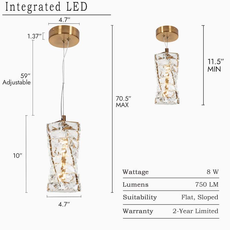 Modern Glam Crystal 1-Light Chandelier Gold LED Pendant Lights Kitchen Island Lights for Dining Room - 4.7" L x 4.7" W x 10" H
