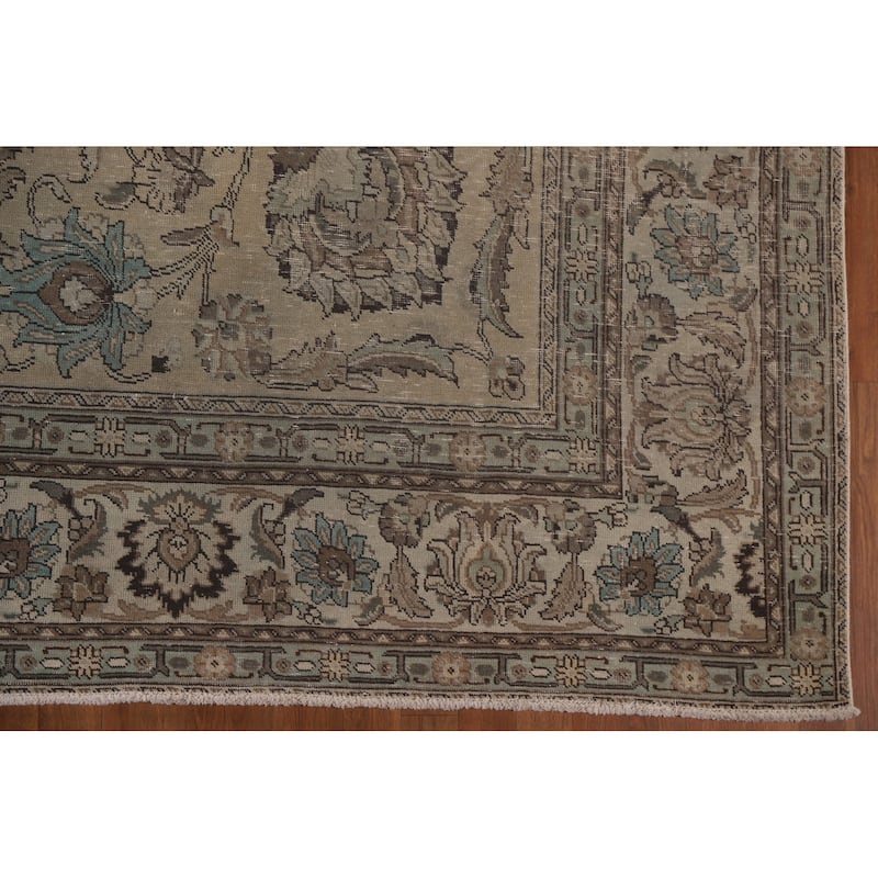 Distressed Tabriz Persian Vintage Area Rug Handmade Pink Wool Carpet - 9'7" x 12'10"