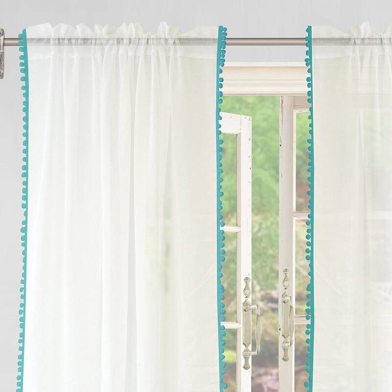 DriftAway Laura Pom Pom Sheer Window Curtain Panel Pair