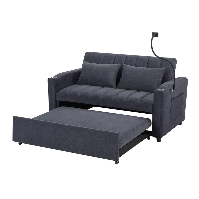 55.9" Convertible Sofa Bed Loveseat Sofa with Three USB Ports, Two Side Pockets, Two Cup Holders and 360°Swivel Phone Holder
