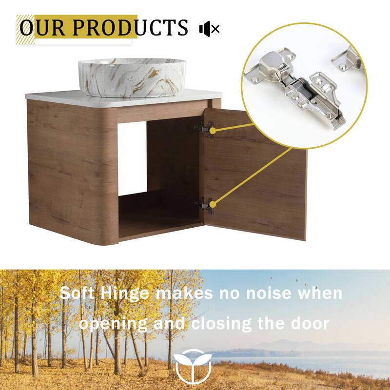 24'' Wall-Mounted Bathroom Vanity With Ceramic Art Sink & 1-Soft-Close Door,KD-Packing, Plywood