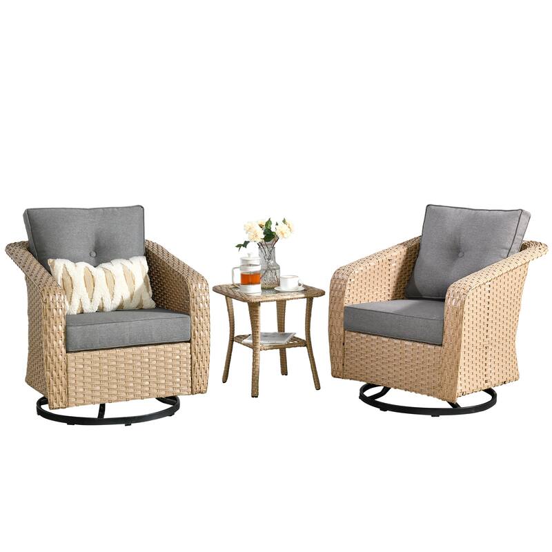 OVIOS Outdoor Wicker Swivel Chair 3-Piece Set (with Side Table)