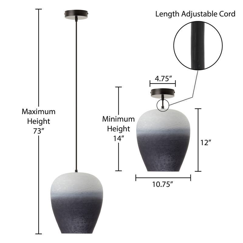 Lily River of Goods Black Metal and Glass 10.75-Inch Pendant Light with Adjustable Hanging Cord - 10.75" x 10.75" x 14/73"