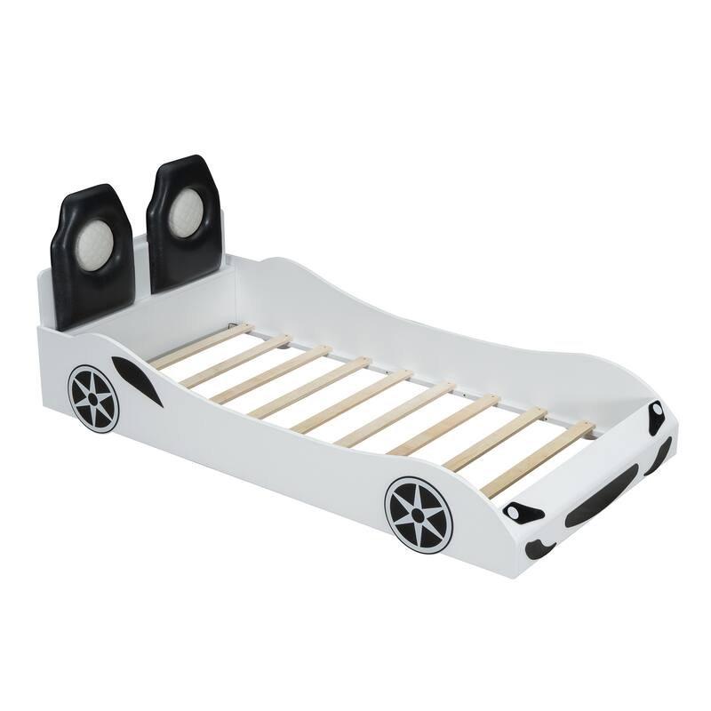 Wood Twin Size Race Car-Shaped Platform Bed With Led And Upholstered Backrest
