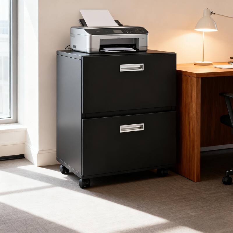 Anmytek Black 2 Drawer Mobile File Cabinet Rolling Under Desk Storage for Home Office