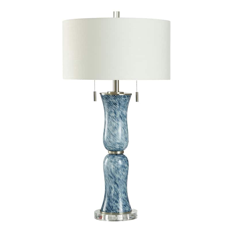 Blue Breeze Table Lamp - Tortoise Hour Glass Patterned Body - White Shade - Blue Tortoise, Polished Nickel, White