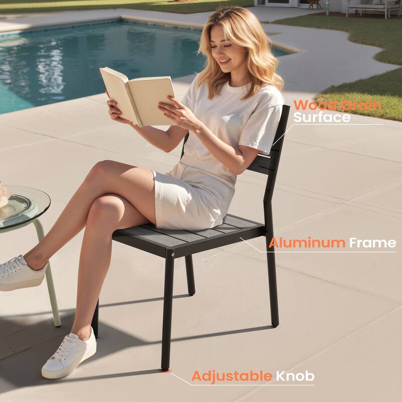 Set of 7 Outdoor Patio Dining Set WoodLike Table Top Aluminum Rectangular Umbrella Hole Table with Stackable Chairs Set