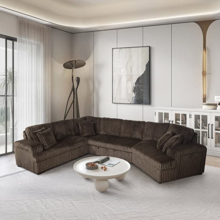 Modern Right Facing Half U-Shaped Pull Out Sectional Sofa with Storage Armrest, USB Port and Pillows - Brown