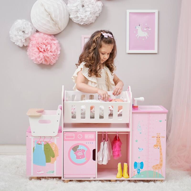 Teamson Kids Wooden 6-in-1 Doll Nursery Pretend Play Toy Set with Cradle, Sink, and Washer for Ages 3-5 Kid and Toddlers