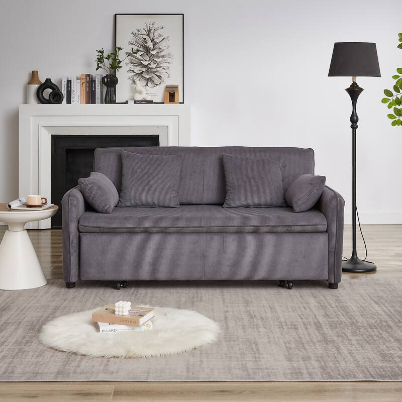 3-in-1 Pull Out Sleeper Sofa Bed, Convertible Corduroy Loveseat Couch with Casters, 4 Pillows and Side Pockets for Living Room