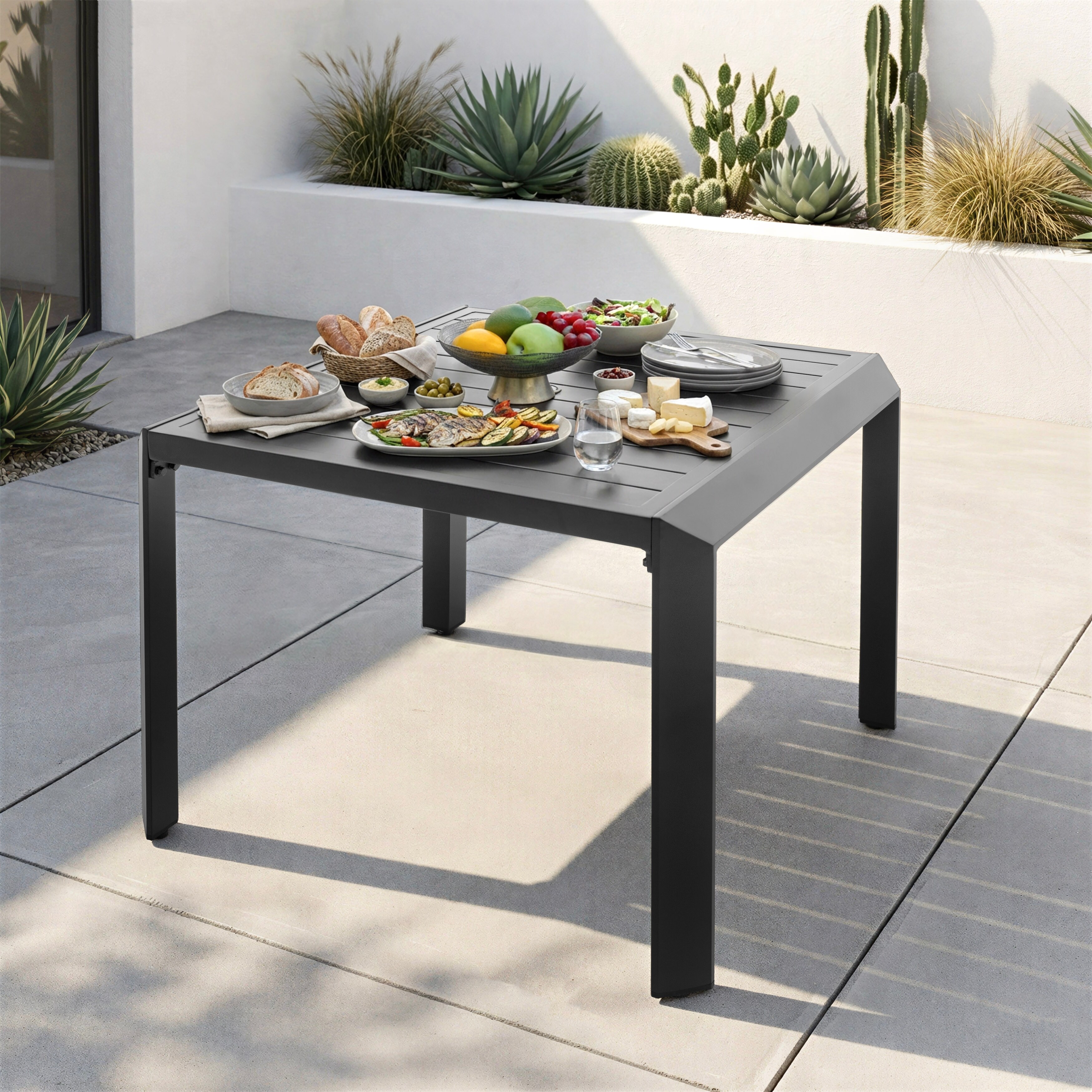 Outdoor Aluminum Dining Table with Umbrella Hole, Black