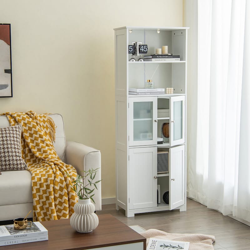 Gymax Bathroom Tall Storage Cabinet Linen Tower w/ Glass Door &