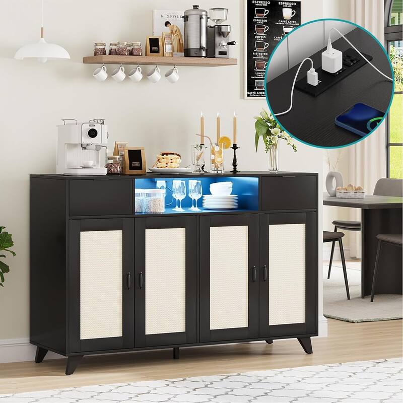 Sideboard Buffet Cabinet, 4 Rattan Doors 2 Drawers Accent Storage Cabinet - Black