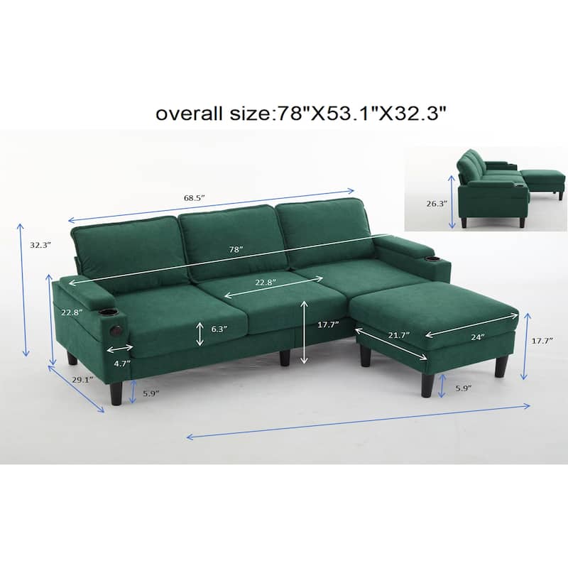 L-Shaped Fabric Sectional Sofa with Storage Ottoman and USB Port
