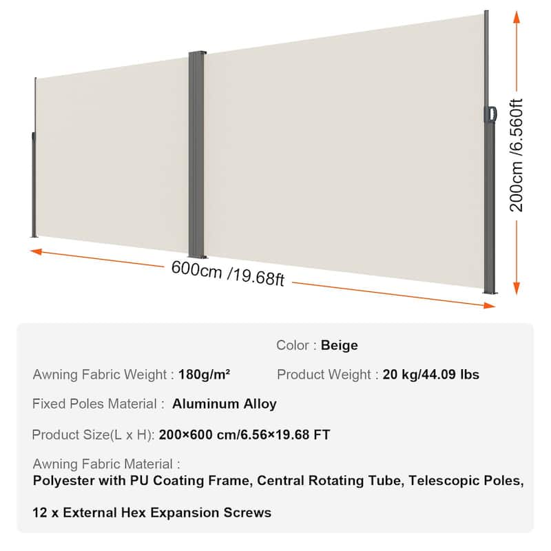 79''x 236'' Patio Retractable Side Awning Privacy Screen with Spring Handle Perfect for Outdoor Use