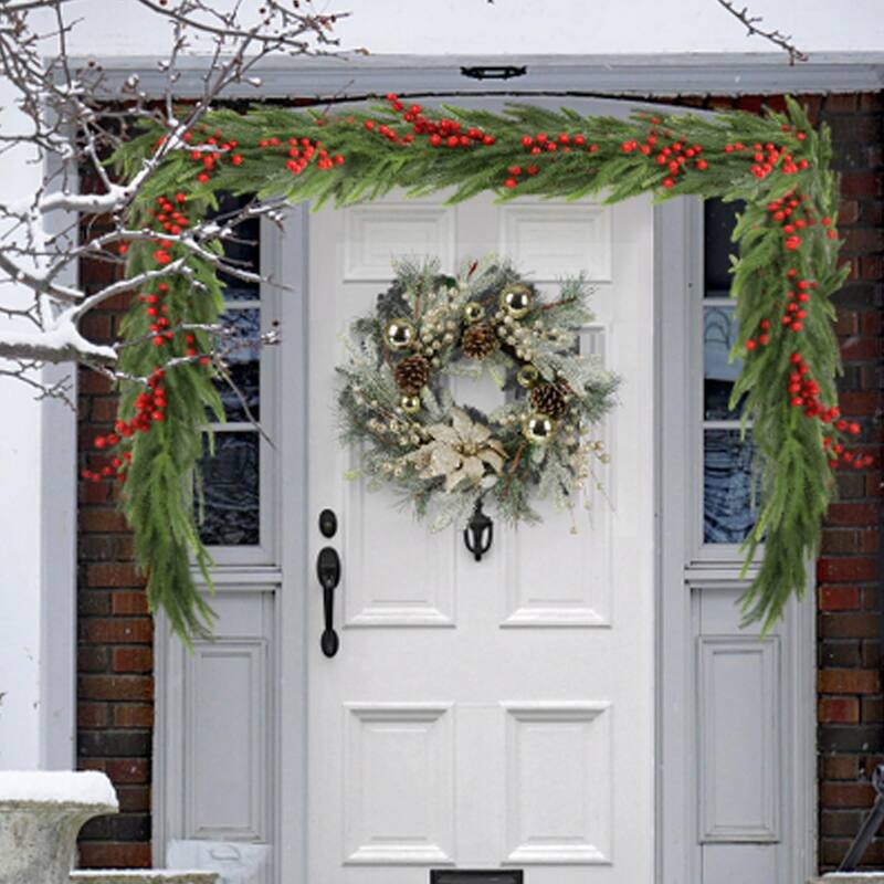Christmas Wreath Wall Decor with 30 LED Light Pinecones Berries andFrosted White Accents, for Fireplace and Staircase