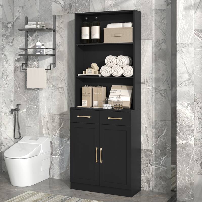 Storage Cabinet for Bathroom, 2 Doors Wooden Cabinet with 2 Drawers Three-layer Open Shelf, Bathroom Floor Cabinets - Black