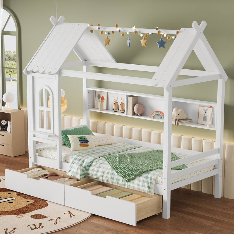 Twin house Beds with Storage Drawers and Window, Solid Wood House Platform Bed Frame with shelves