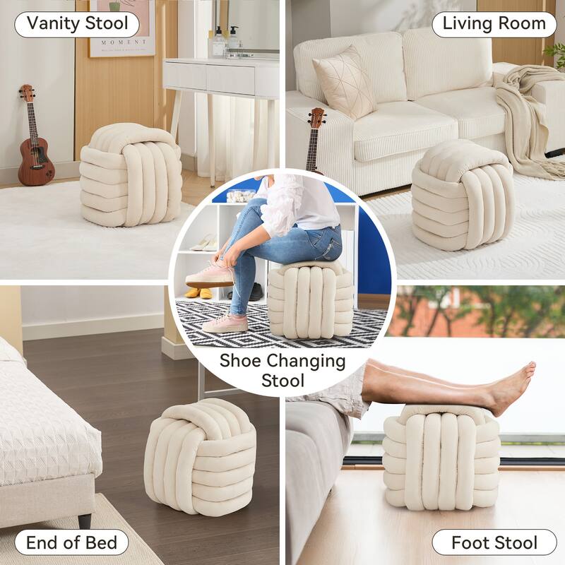 Chenille Fabric Modern Knot Design Ottoman Makeup Stool Footstool, Comfortable and Stylish Seat for Living Room, Bedroom - Beige