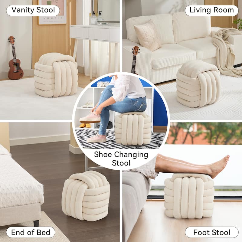 Chenille Fabric Ottoman Vanity Stool, Knot Design Ottoman Footstool, Multi-Functional Upholstered Makeup Stool
