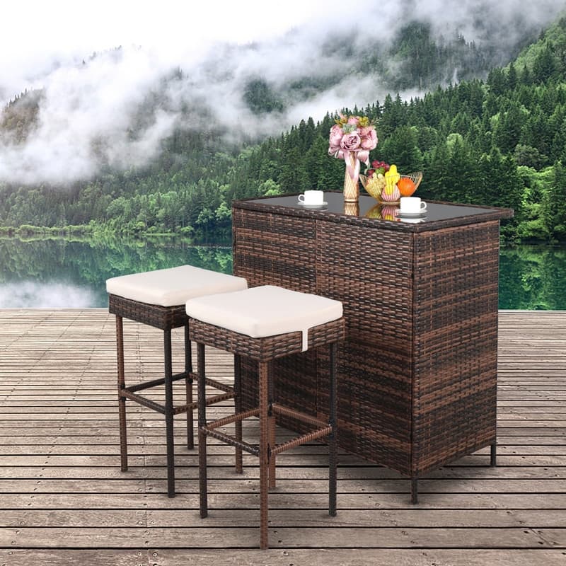 Outdoor Brown 3-Piece Rattan Wicker Bar Set with Beige Seat Cushions
