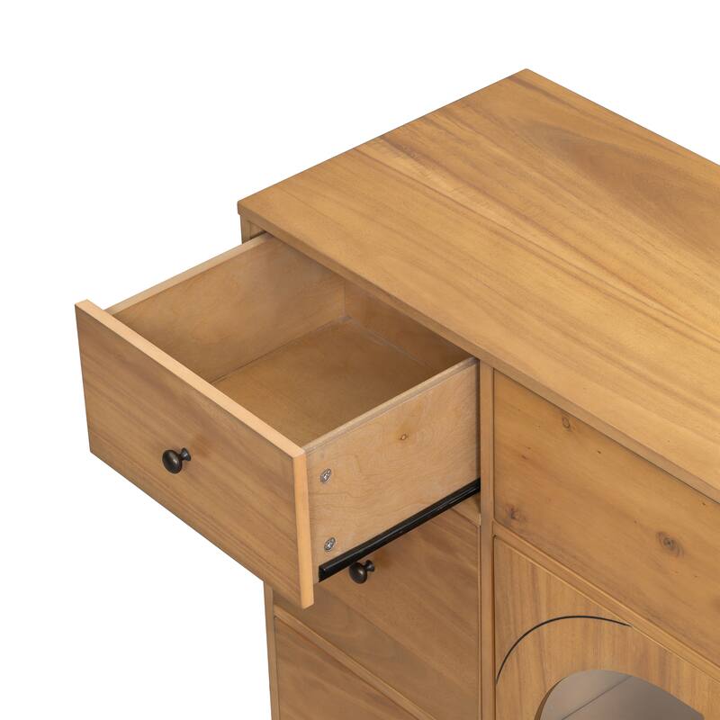 Rustic Wooden Storage Cabinet, Freestanding Buffet Sideboard With Glass Door 7 Drawers Hallway Decorative Cabinet