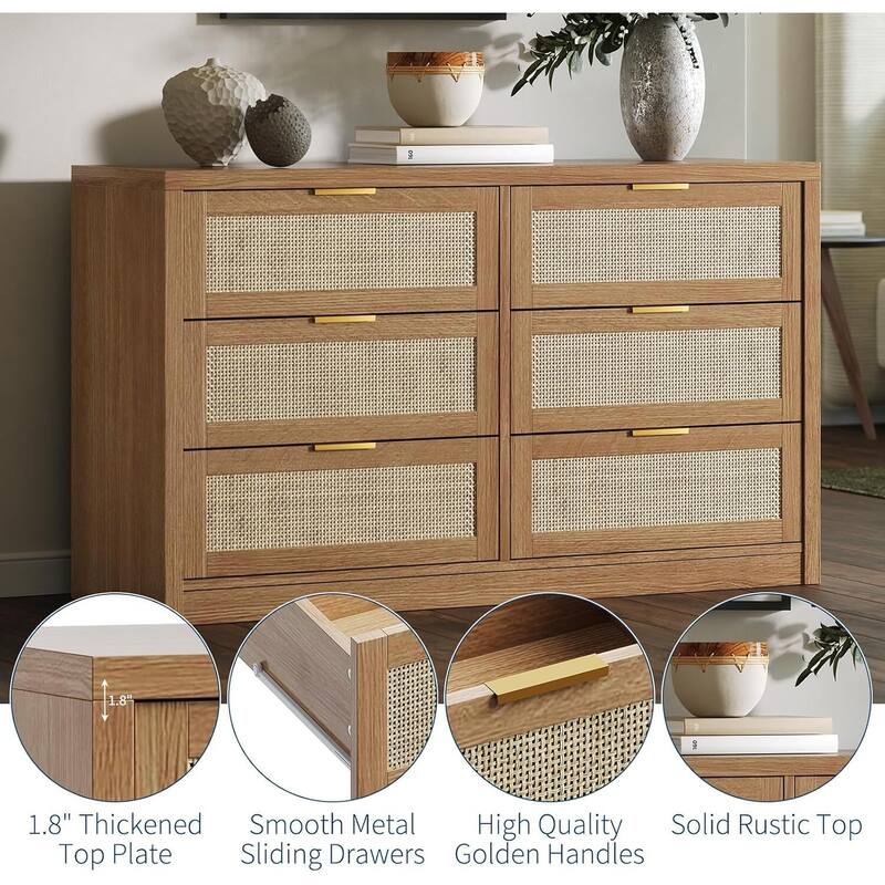 53" Rattan 6-Drawer Boho Dresser TV Stand for Bedroom, Living Room