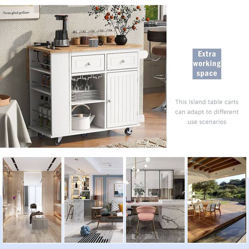 Kitchen Island Cart with Wheels ,Power Outlet, Drop Leaf, Wine Rack