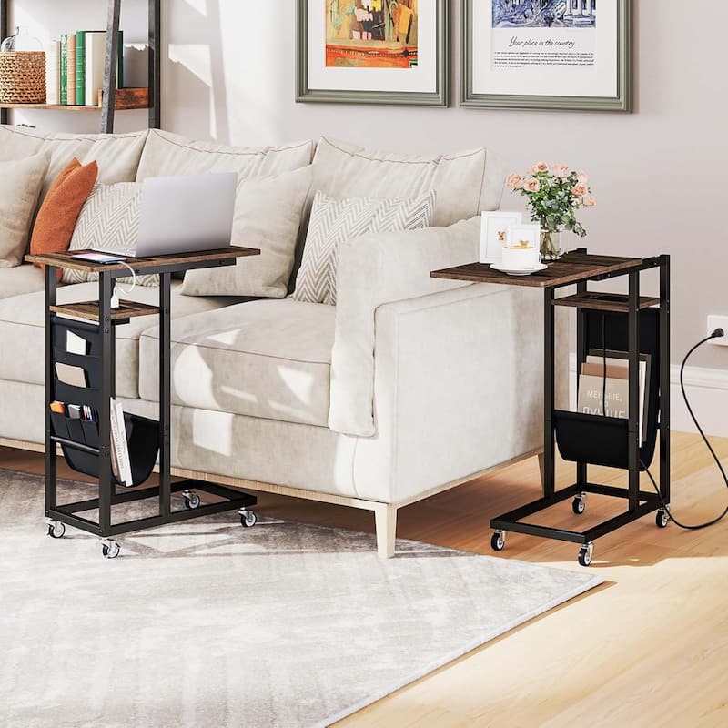 1/2 PCS Rolling C-Shaped End Table Sofa Side Table w/ Charging Station