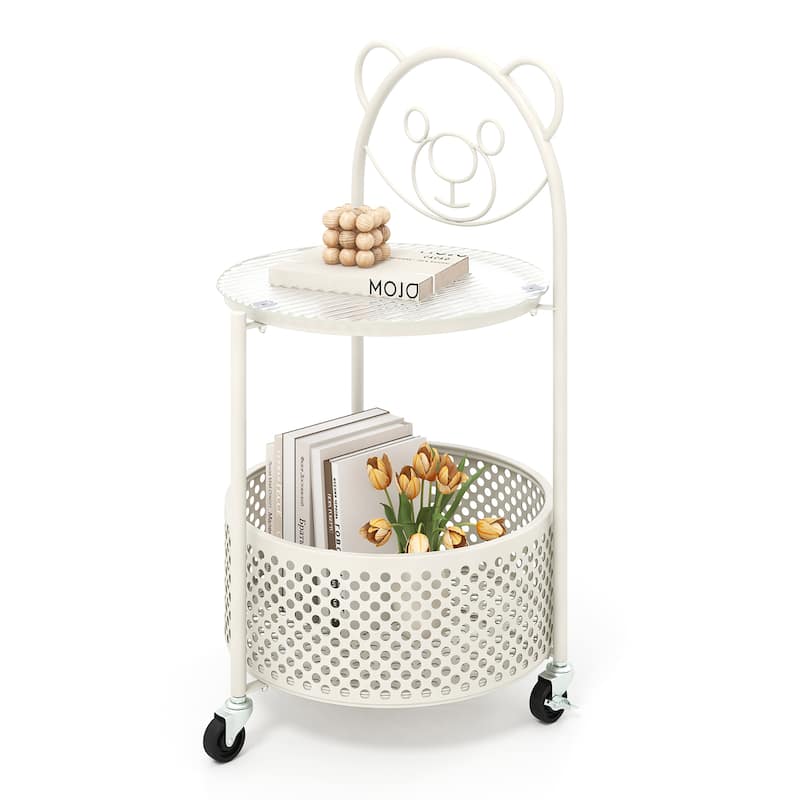 Gymax 2-Tier Mobile Glass Coffee Table w/ Bear Pattern Storage Basket