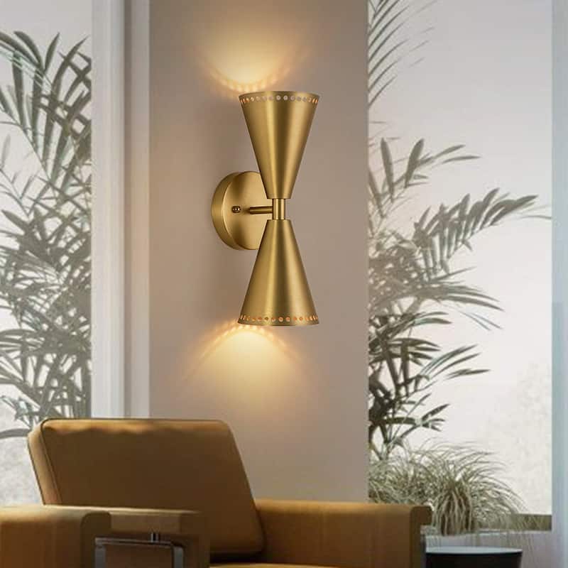 2-Light Mid-century Dual Cone Hourglass Up Down Wall Sconce - Brass