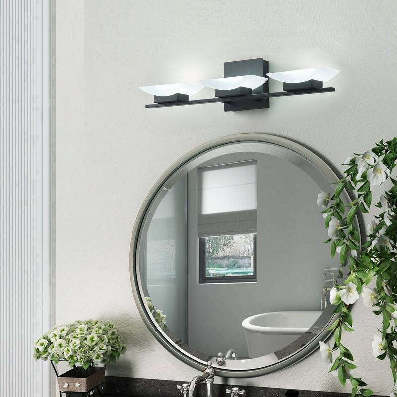 3-Light Black LED Vanity Light with Frosted Shade for Bathroom
