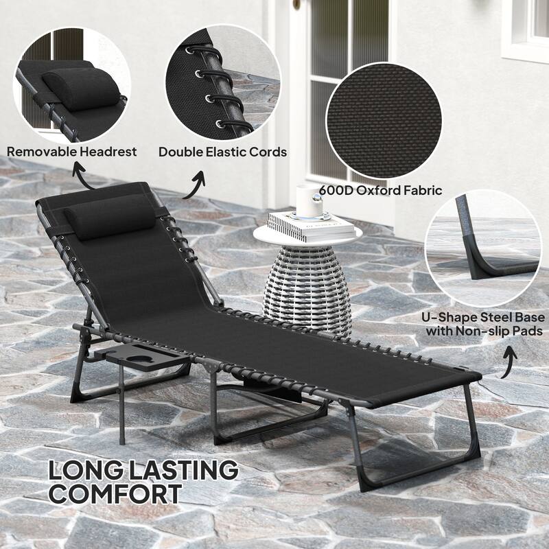 Outsunny Folding Chaise Lounge Chair Outdoor Tanning Chair with Side Table, 5-Level Adjustable Beach Lounge Chair with Headrest