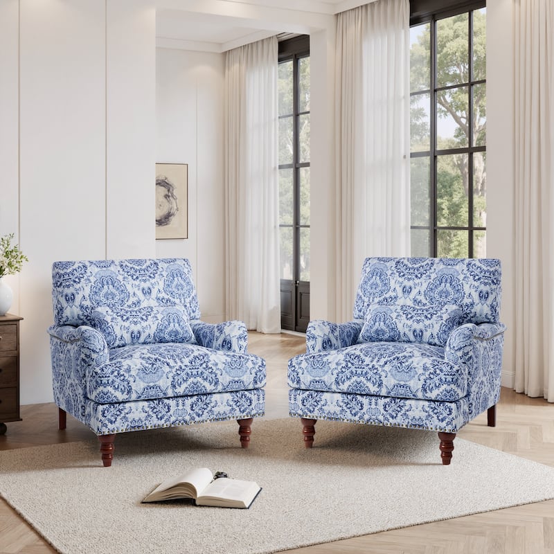 Set of 2 Mid Century Chenille Upholstered Accent Chairs - Linen - Navy-Linen