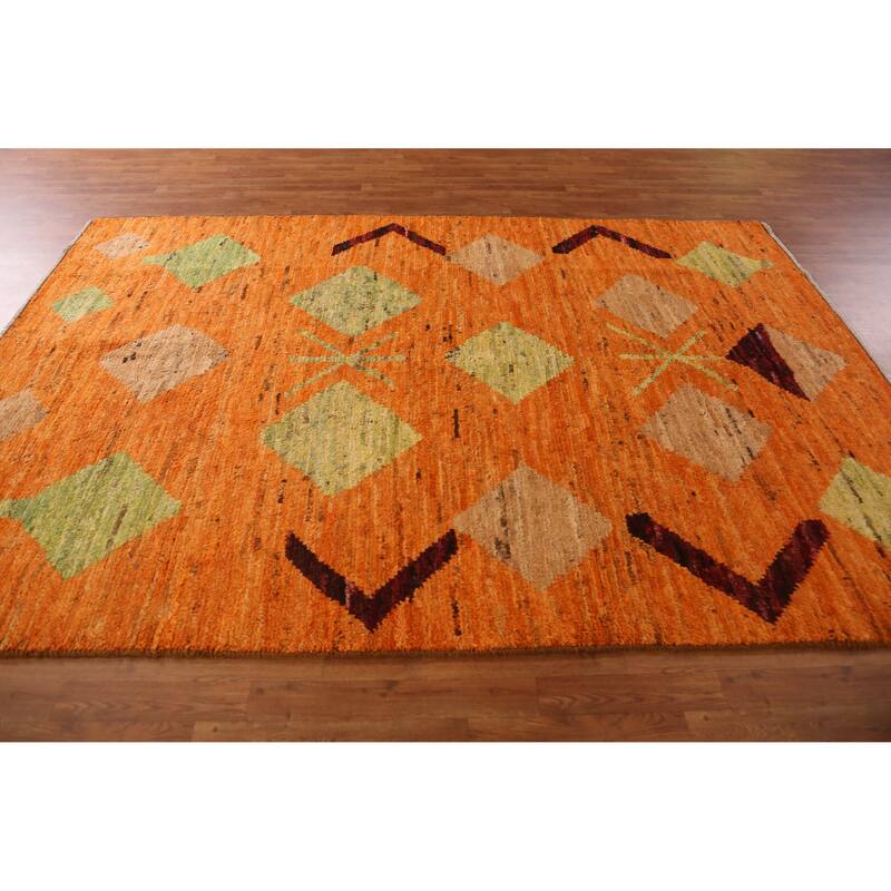 Moroccan Oriental Area Rug Handmade Geometric Orange Wool Carpet - 6'10" x 10'0"