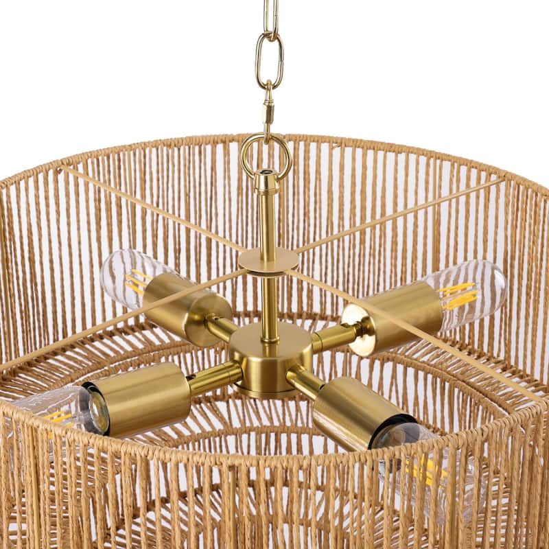 4-Light Dimmable Hand-Woven Rattan Tiered Chandelier