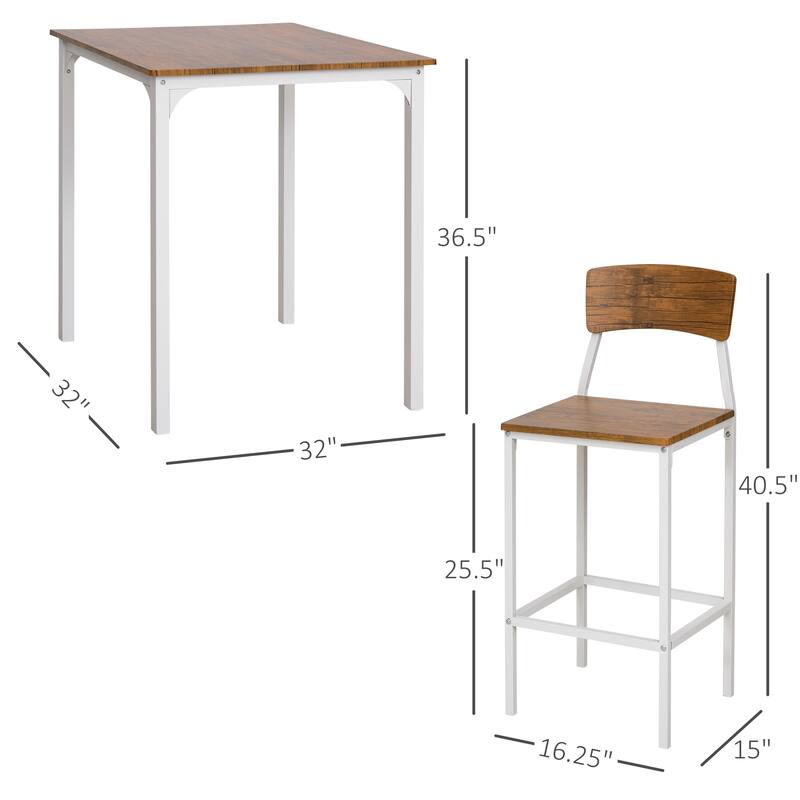 HOMCOM 3 PCs Modern Counter Height Dining Table Set with 2 Matching Stools Foorest Steel Legs