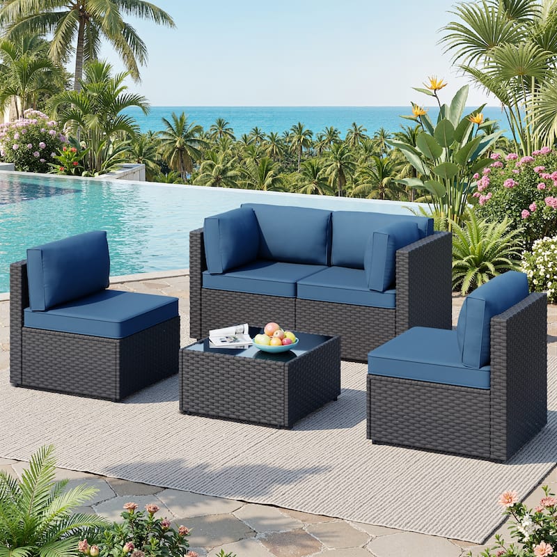 Outdoor 5-Piece Wicker Sectional Sofa Patio Conversation Set with Table