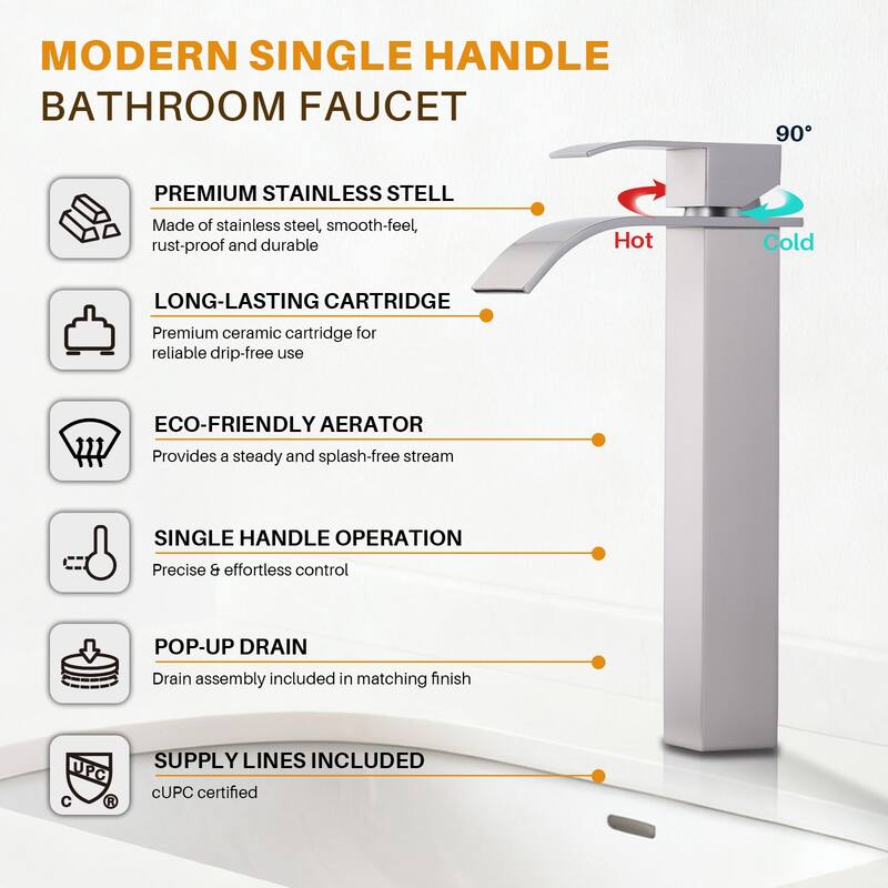 WOWOW Single Handle Single Hole Waterfall Bathroom Vessel Faucet